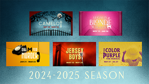 Promo graphics for the 5 productions of the Village Theater during the 2024-25 season.